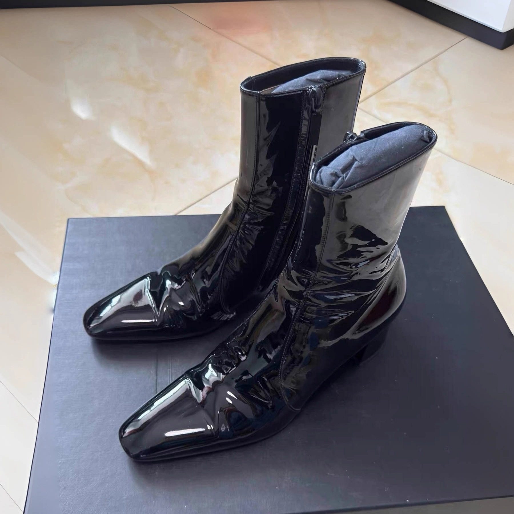 男女尖头高跟骑士靴漆皮切尔西靴