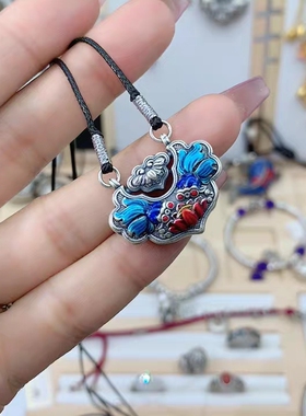 新款足银999双鱼如意锁项链复古3D硬银烤蓝工艺莲花如意锁项链