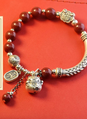 富贵平安朱砂手链女款国风闺蜜礼物大麦弯管招财猫转运珠足银手串