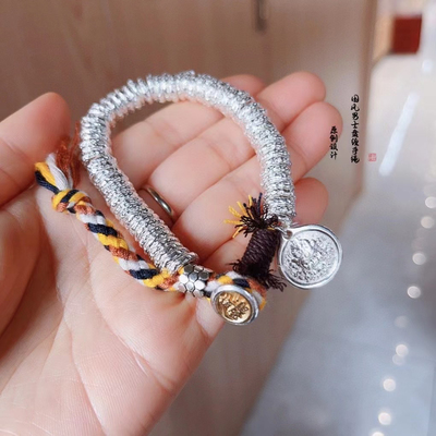 新款足银999手工编织藏风盘缠手串黄财神钱串子手链高级圆牌手链