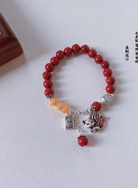 原创新款朱砂吞金兽手链天然蜜蜡原创设计复古款紫金沙手链