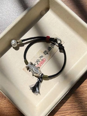 新款原创设计上岸锦鲤足银999平安福平安扣情侣款黑色编绳手链