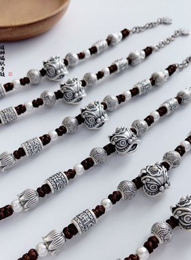新款999纯银醒狮编织手链男女款复古国风转运珠手串送女友礼物