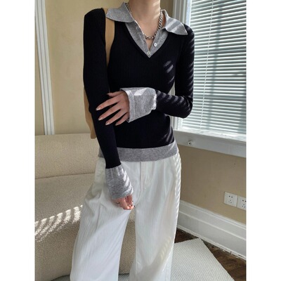 司南 早秋新款 撞色设计感假两件POLO翻领修身显瘦针织衫 SN6907