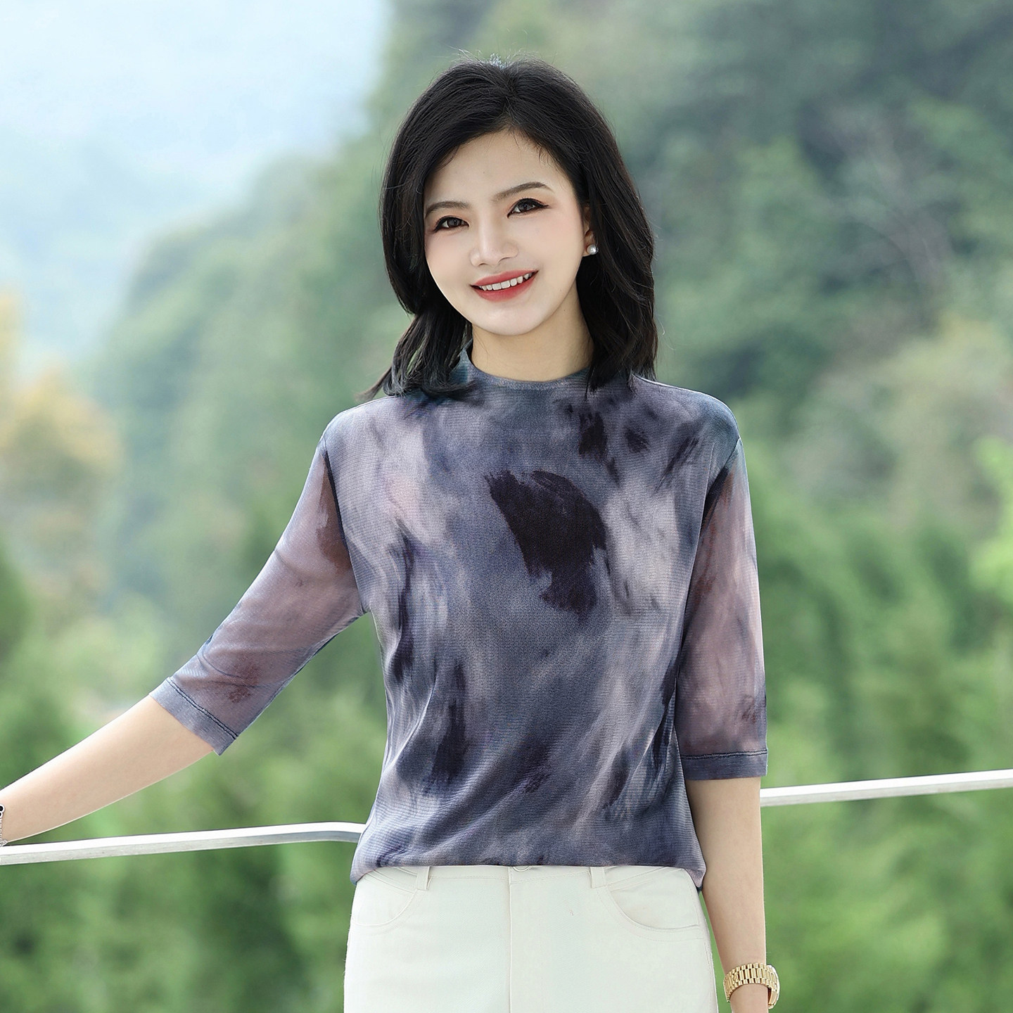 【100%针织桑蚕丝】枫竺半高领弹力双层网纱真丝小衫女26春夏上衣
