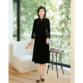 枫竺女装 优雅A字裙子 新款 新中式 刺绣国风旗袍丝绒连衣裙2026春季