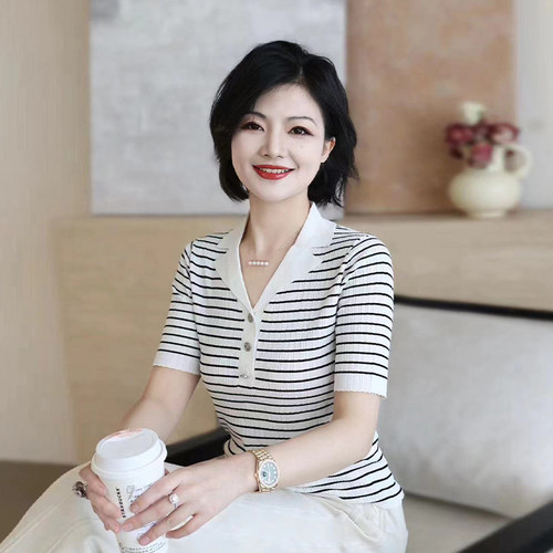 条纹翻领针织衫短袖上衣女