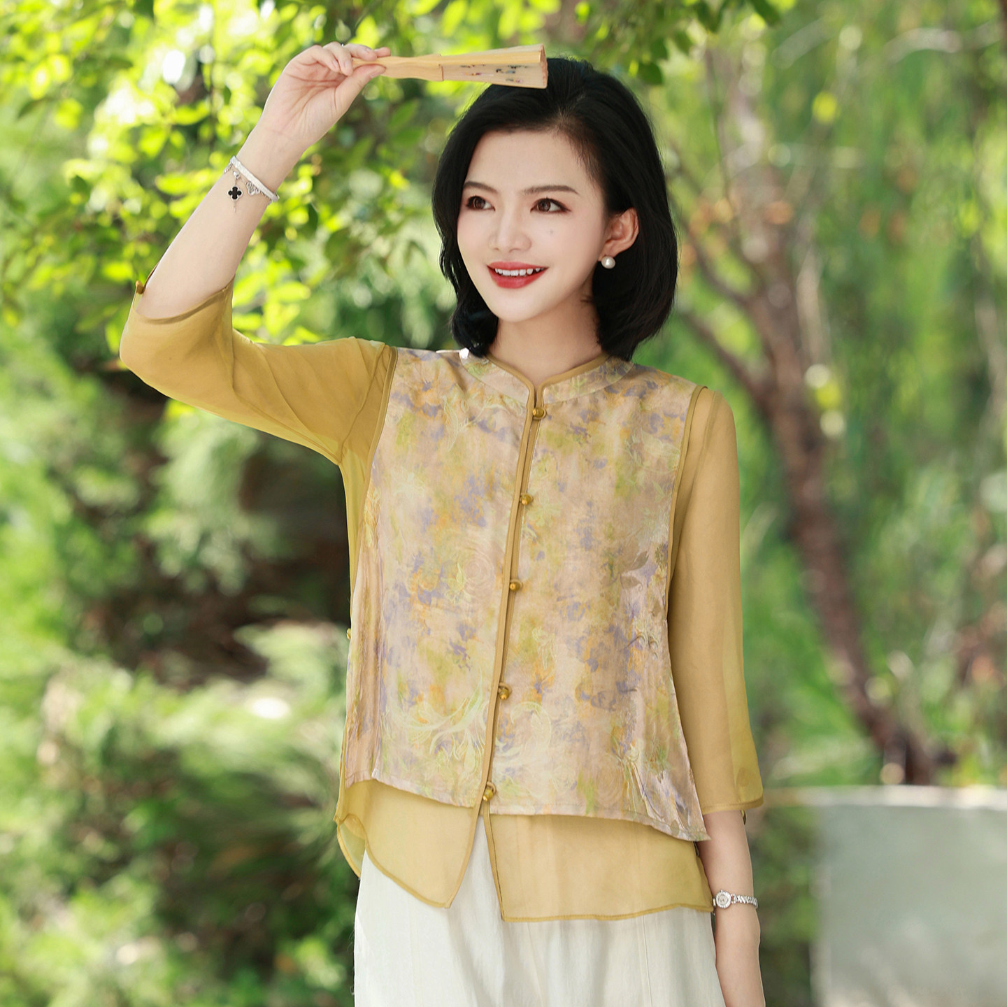 【假两件衬衫】枫竺阿楠新中式上衣女款早秋新款水墨印花国风衬衫