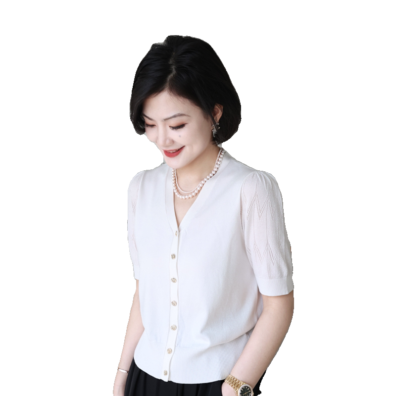 天丝V领针织短袖开衫女