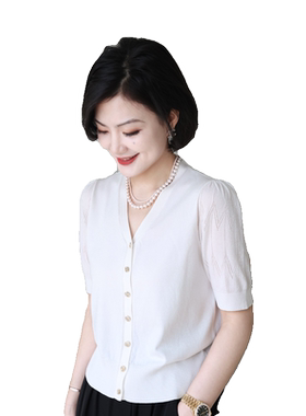 天丝V领针织短袖开衫女
