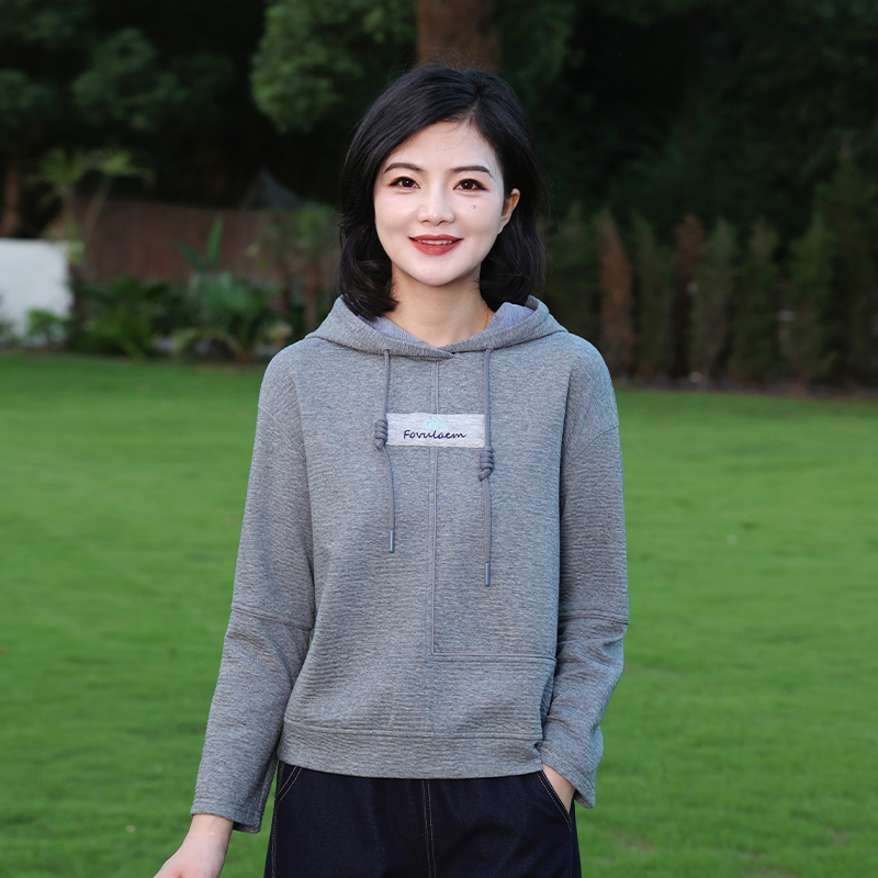 枫竺高端女装灰色抽绳连帽长袖卫衣女春秋季2025新款气质休闲上衣