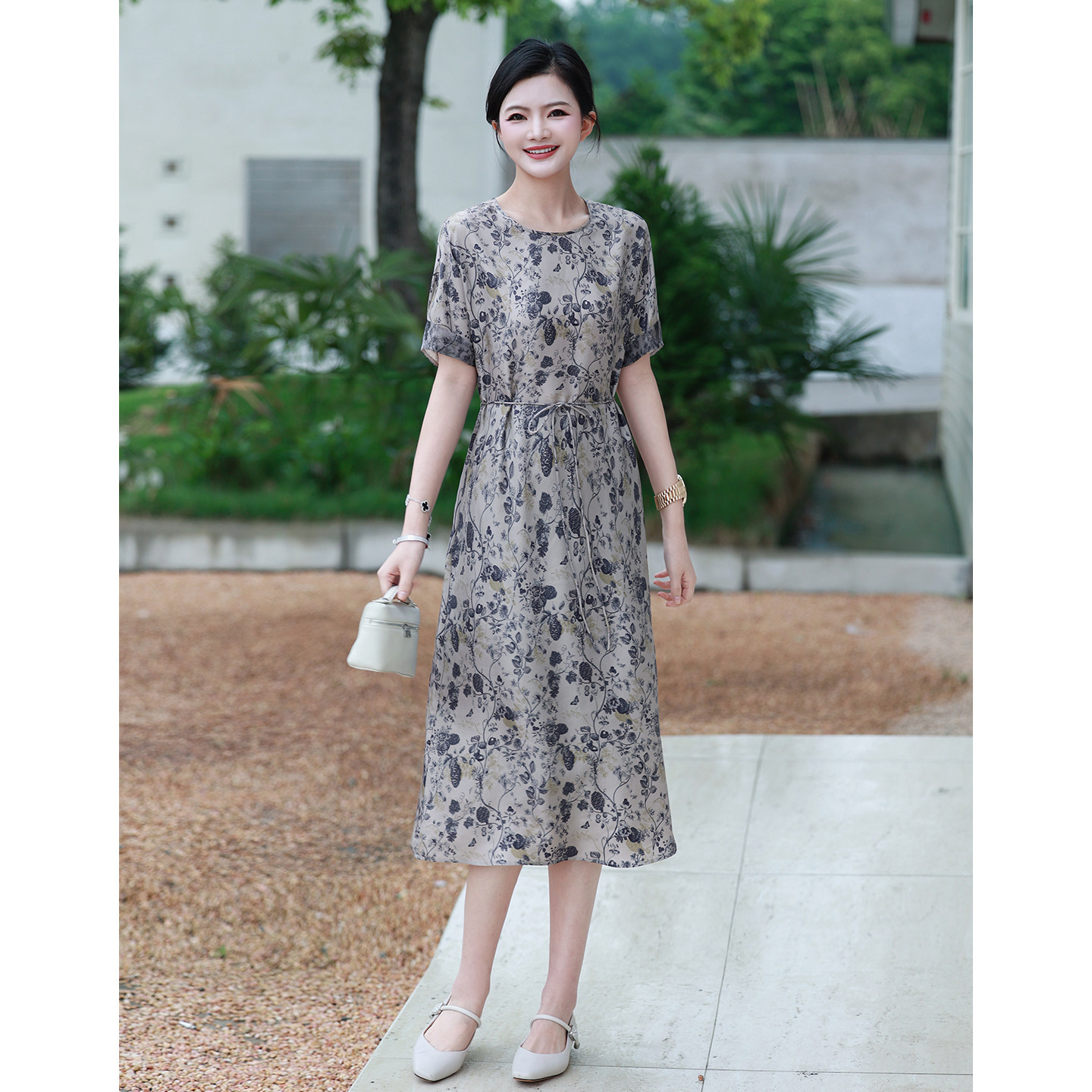 【100%桑蚕丝斜纹绸】枫竺贵气圆领收腰显瘦真丝连衣裙女2026夏季