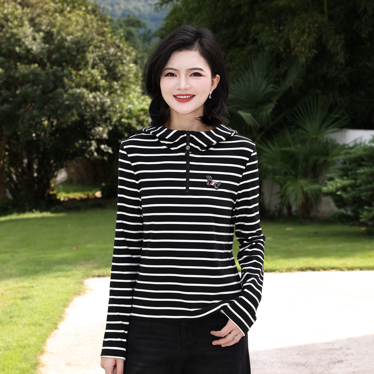 条纹半拉链双面德绒连帽卫衣女