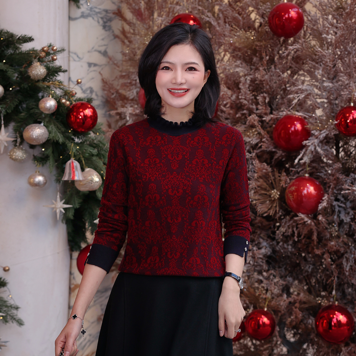 枫竺木耳边半高领撞色提花羊毛针织衫女2025秋冬保暖通勤打底毛衣