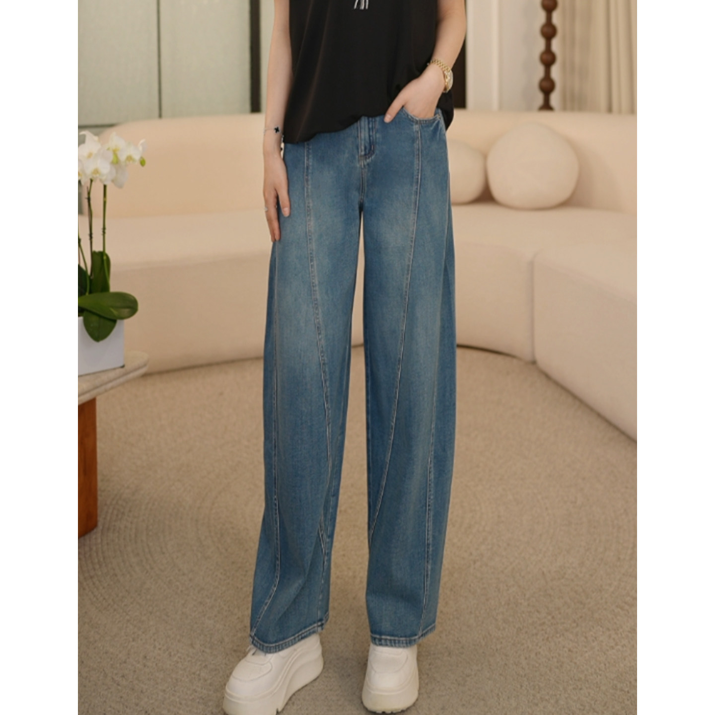 枫竺丹宁风中高腰遮胯显瘦结构弯刀牛仔裤女2026夏季新款休闲长裤