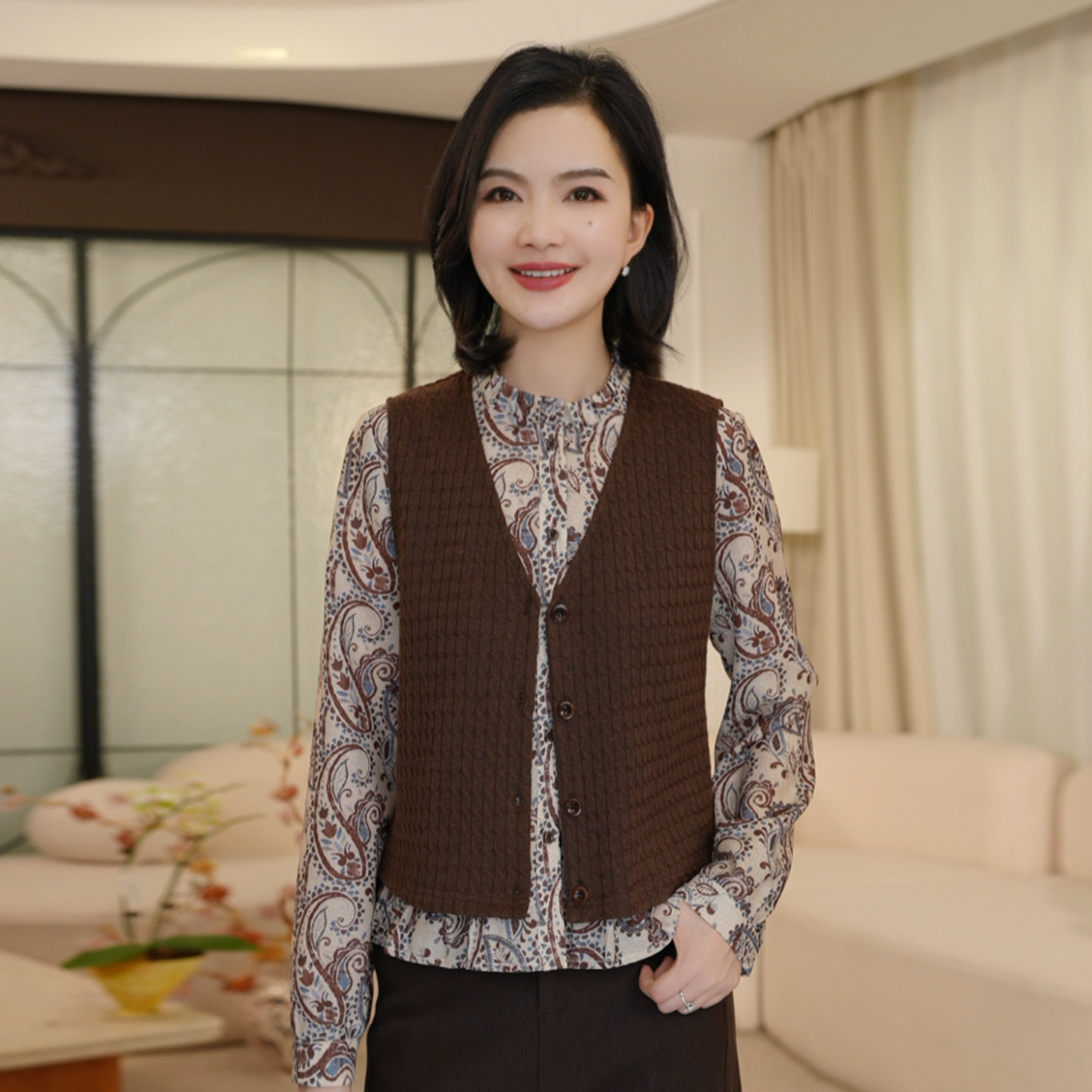 枫竺佩斯利印花衬衫马甲两件套女