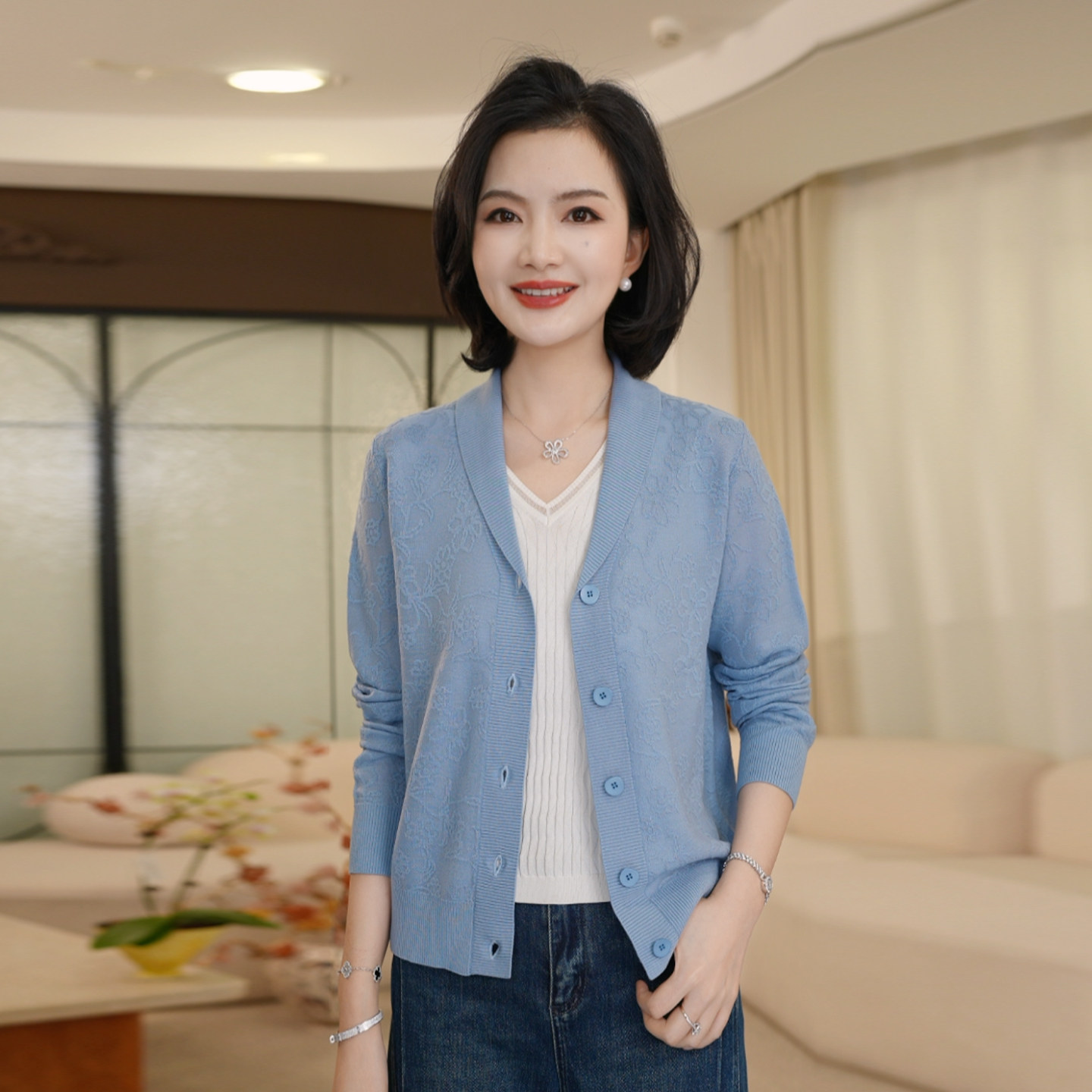 枫竺阿楠优雅青果领暗纹提花长袖针织衫早秋新款百搭薄款针织外套