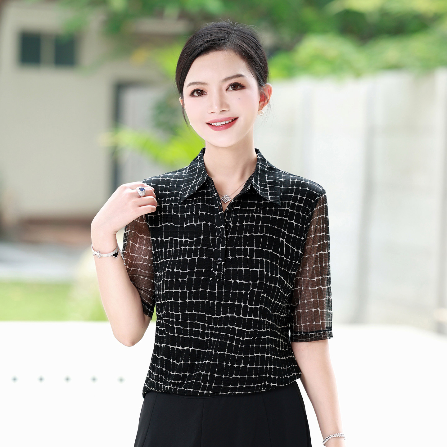 枫竺阿楠夏季通勤桑蚕丝格子衬衣