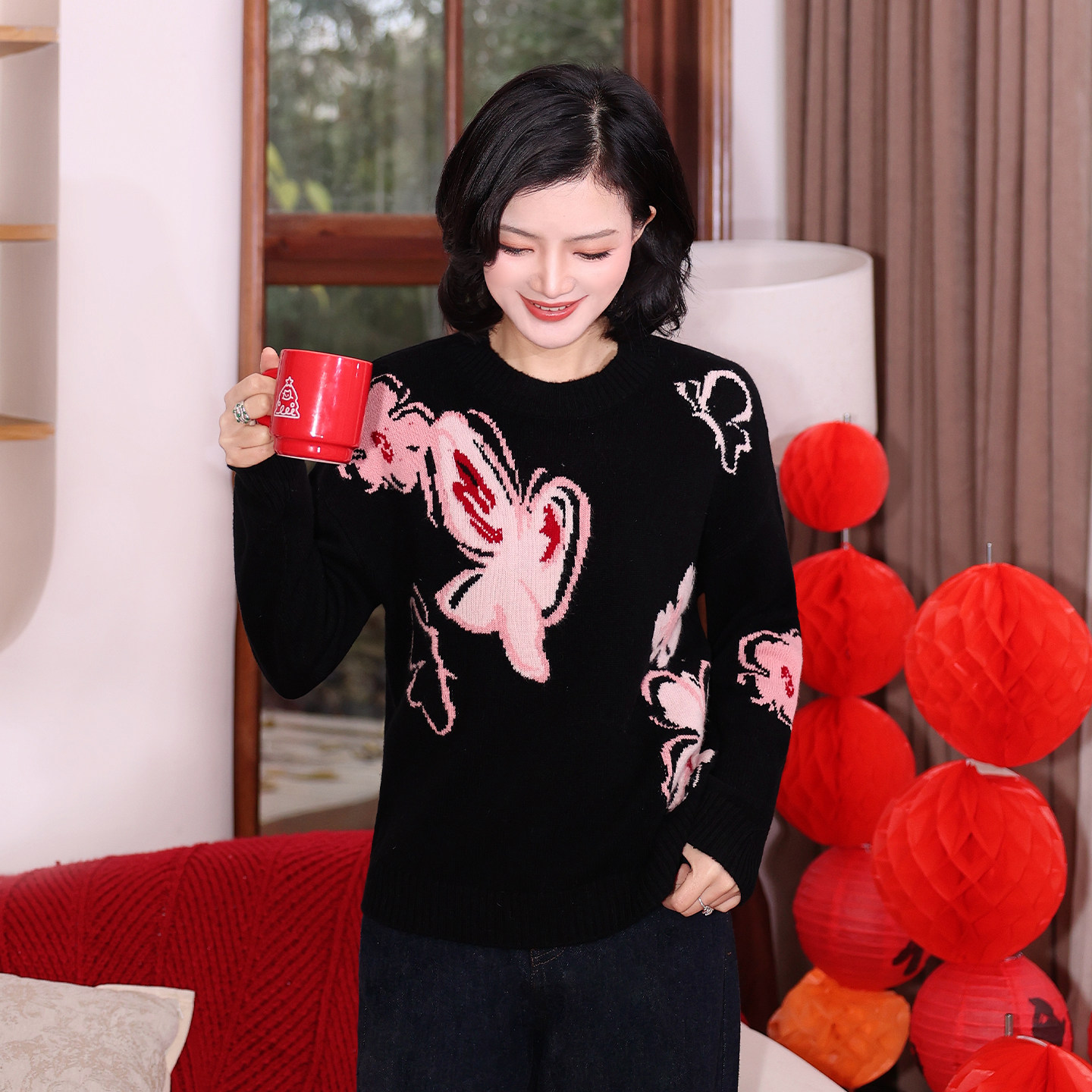 枫竺圆领软糯舒适蝴蝶提花全羊毛针织衫女2025冬季保暖打底毛衣,女装/女士精品,毛衣,淘宝优惠券,粉丝福利购,淘宝优惠卷