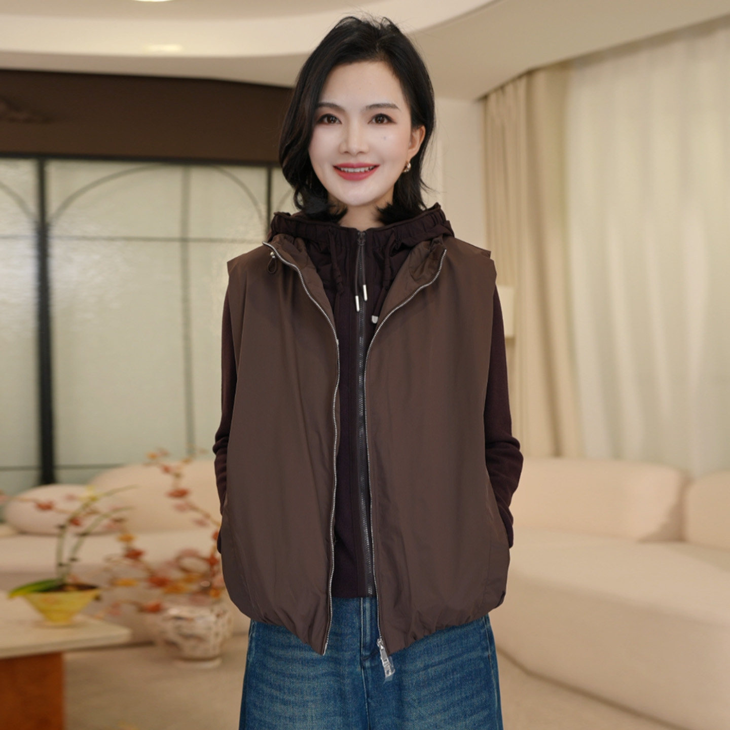 枫竺阿楠木耳边抽绳立领双拉链叠穿棉服马甲秋装新款显瘦时尚外套