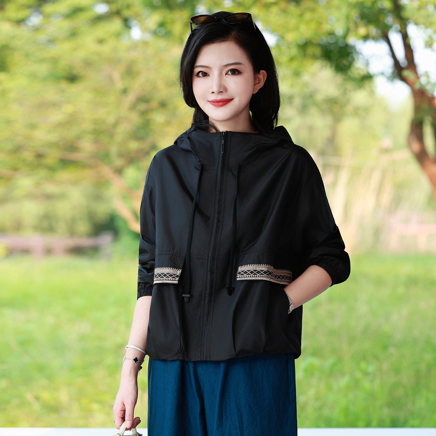 【桑蚕丝外套】枫竺阿楠色织塔夫绸连帽长袖外套女夏季休闲品质女