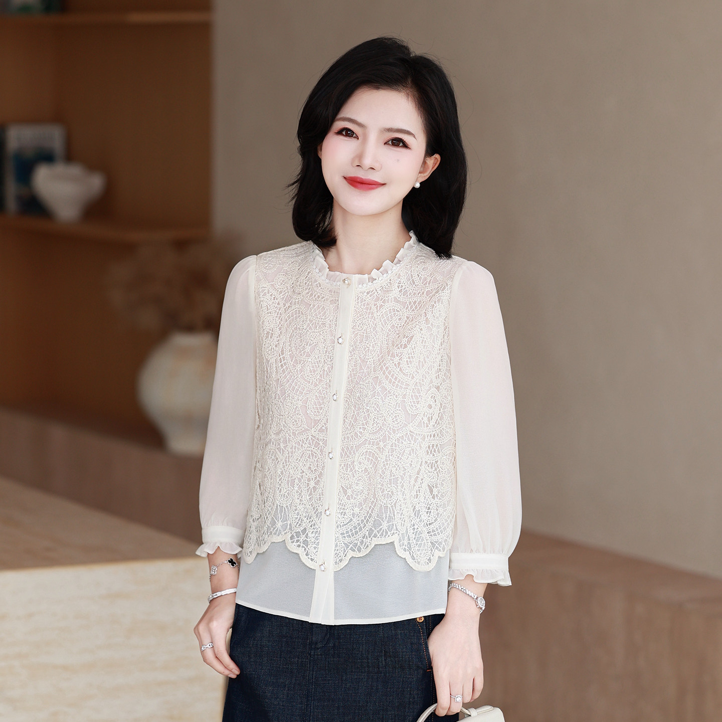 【假两件蕾丝拼接衬衫/现货】枫竺法式钉珠圆领衬衣女夏新款上衣