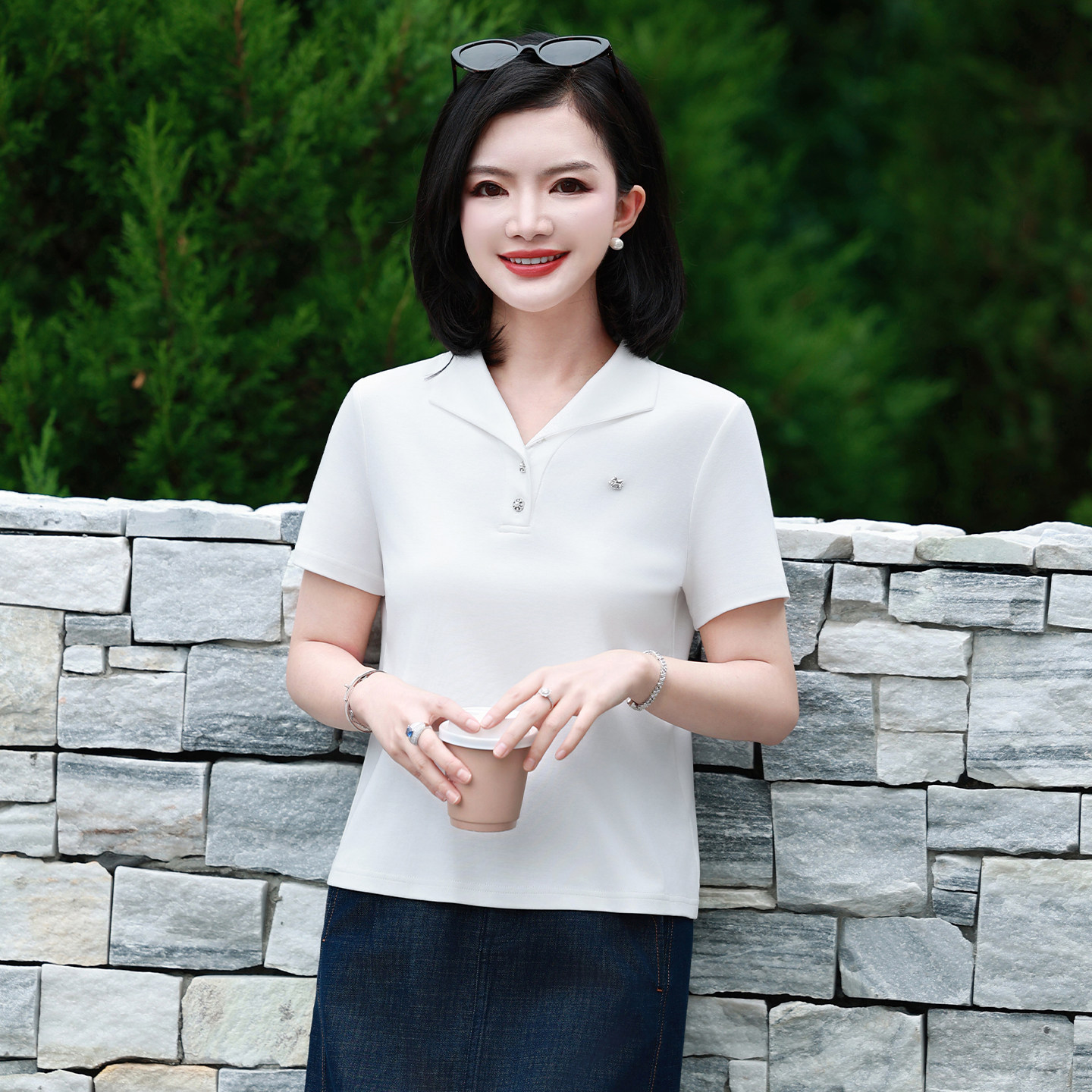 枫竺阿楠白色Polo翻领简约百搭短袖T恤夏装新款时尚洋气百搭女装