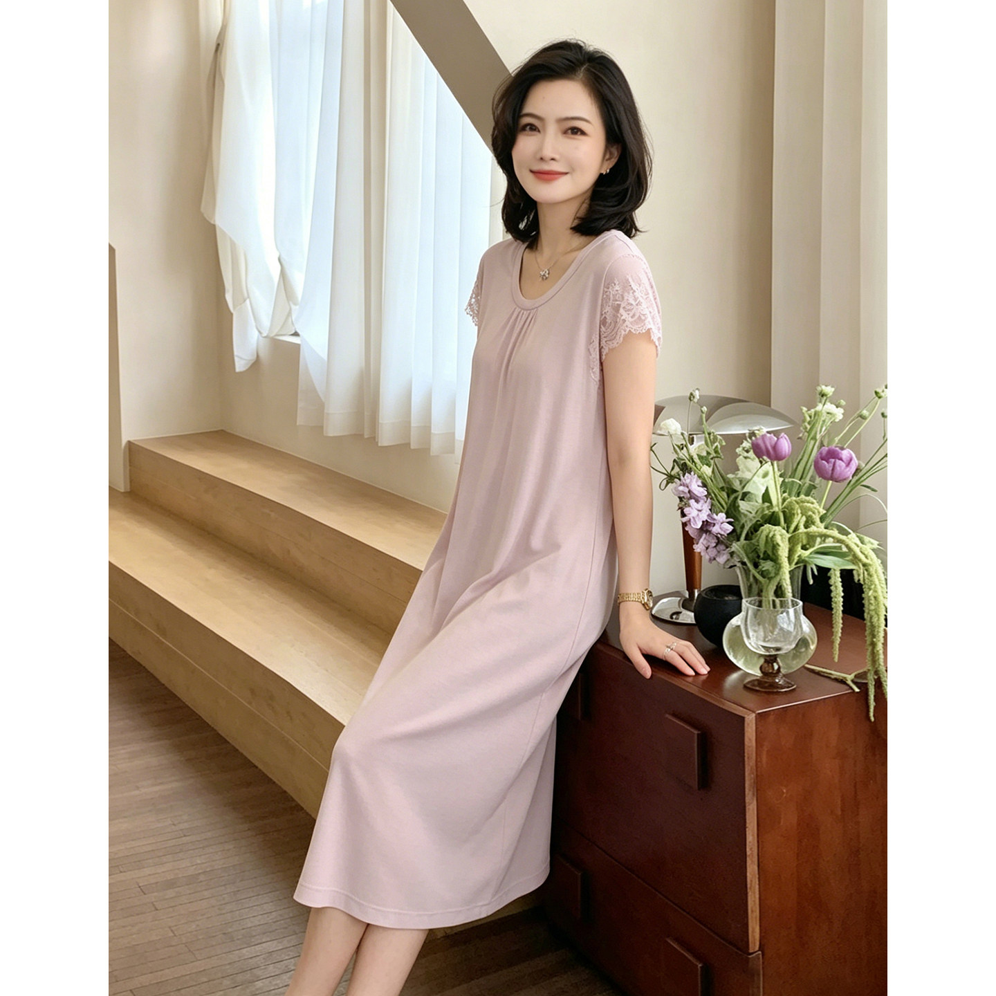 【自带胸垫睡裙/现货】枫竺26夏女舒适短袖蕾丝睡衣家居服连衣裙
