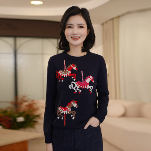 枫竺阿楠anan百搭圆领旋转木马提花羊毛衫女冬季保暖针织衫毛衣