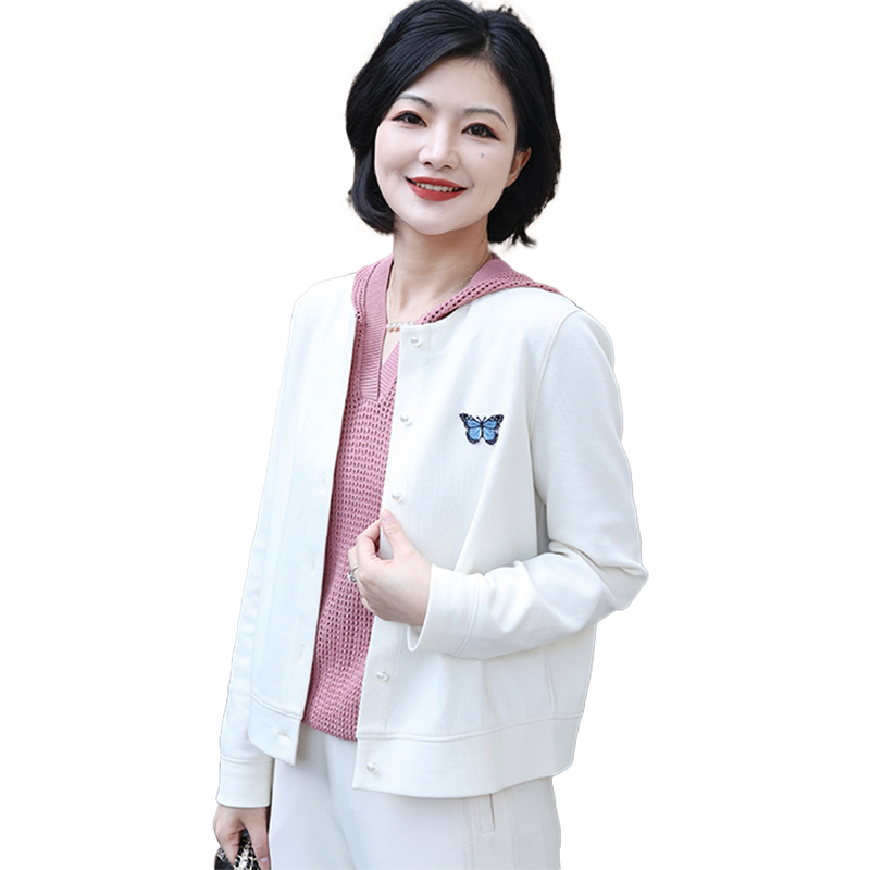 枫竺阿楠高端蝴蝶刺绣圆领外套短款女秋季2025新款春秋白色高级感