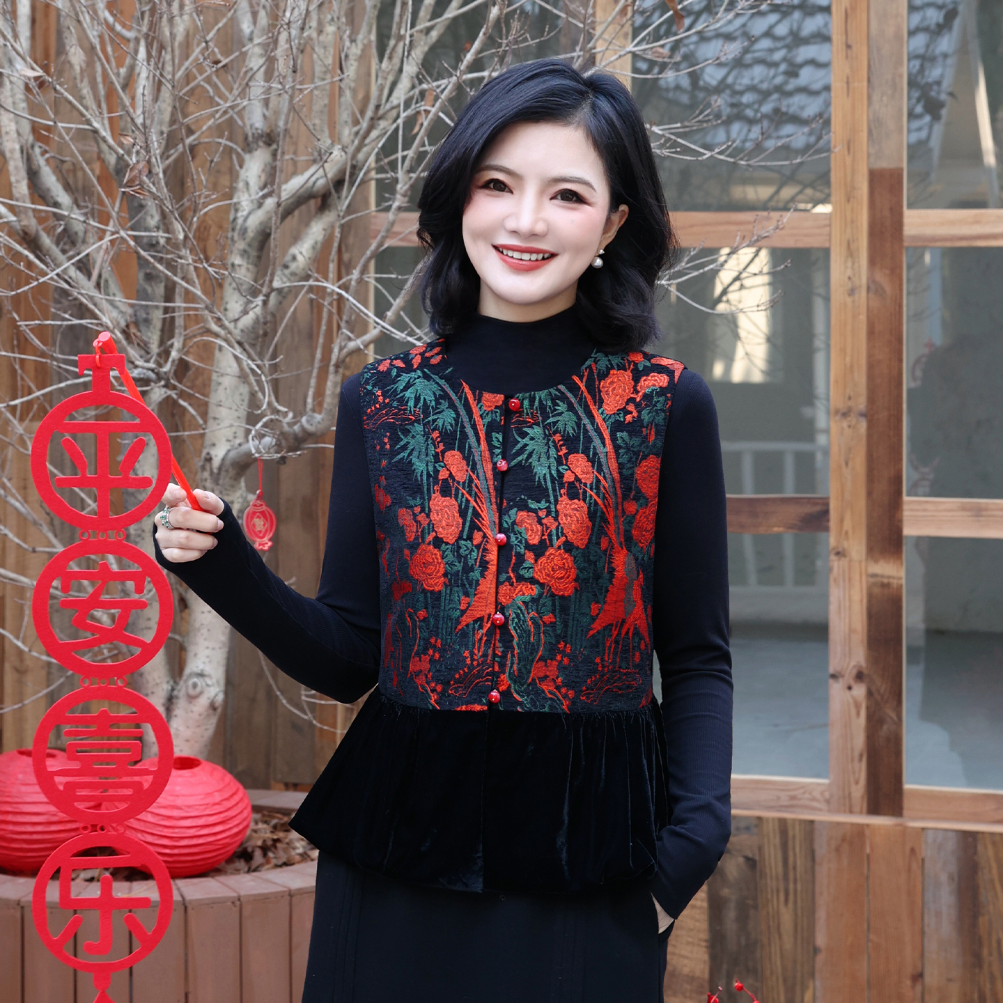 新中式国风提花钉珠丝绒拼接马甲