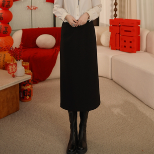 枫竺中长款松紧腰百搭显瘦直筒半身裙2026新款女装早春穿搭小黑裙