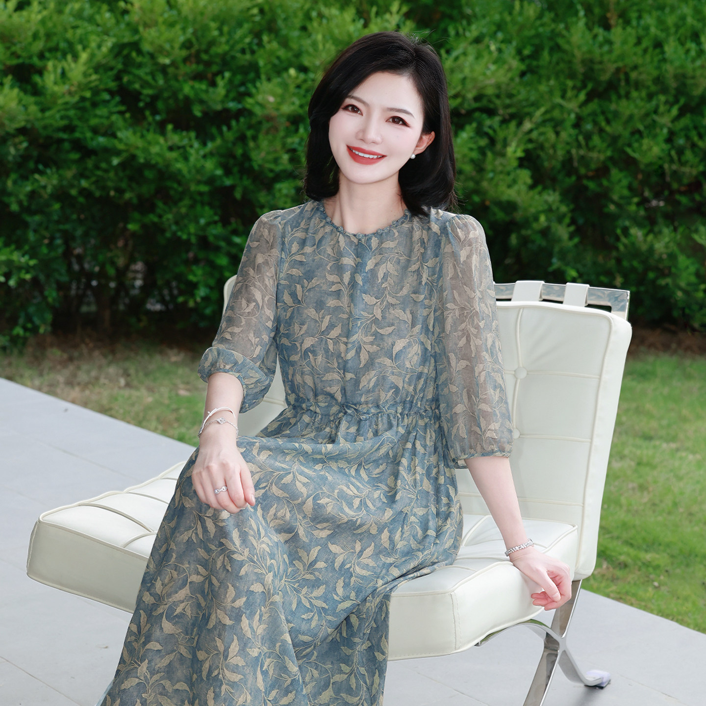 【100%桑蚕丝】枫竺双绉真丝轻薄透气碎花短袖连衣裙女收腰夏新款