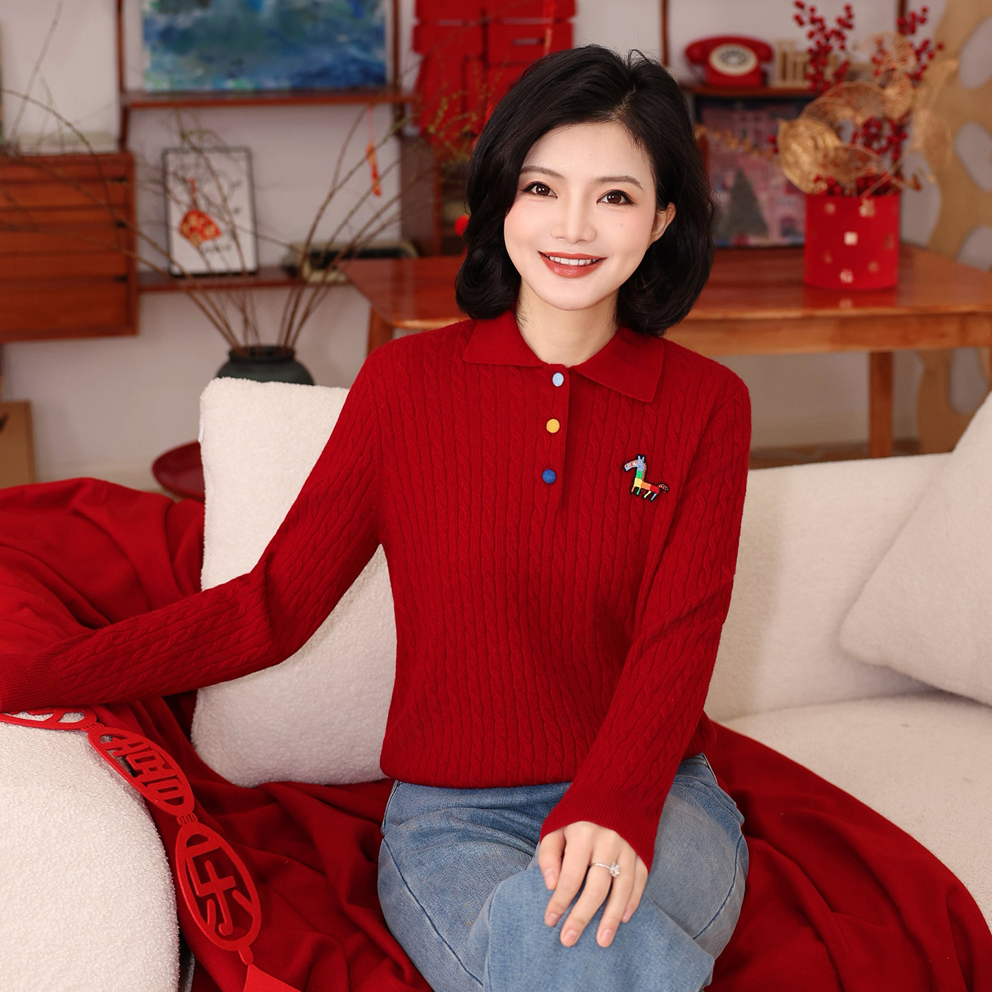 枫竺气质Polo领彩扣童趣小马全羊毛麻花针织衫女冬季红色打底毛衣