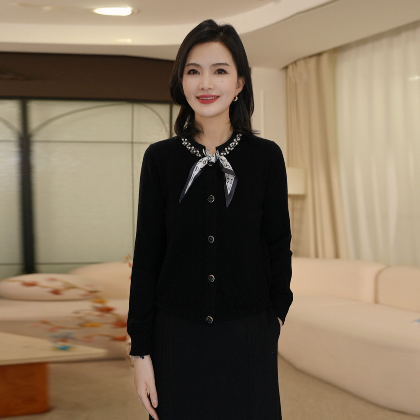 枫竺阿楠全羊毛小香风气质钉珠圆领针织开衫显瘦秋冬新款毛衣外套