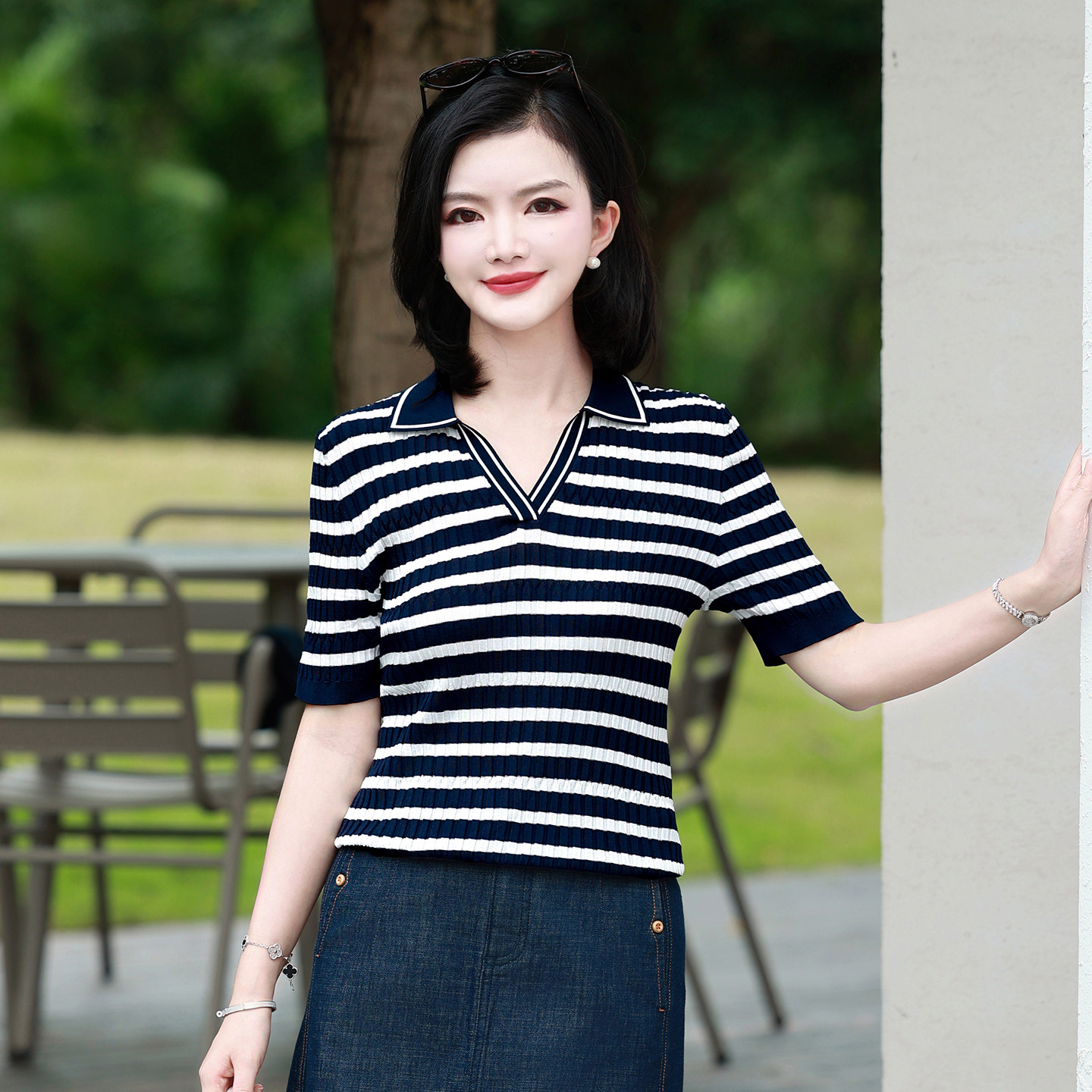 枫竺阿楠翻v领休闲撞色条纹显瘦短袖针织衫女装洋气时髦气质上衣