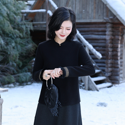 新中式提花钉珠磨毛绒保暖打底衫