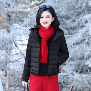 枫竺90白鹅绒黑色连帽加厚保暖羽绒服女小个子短款 排骨鹅绒服