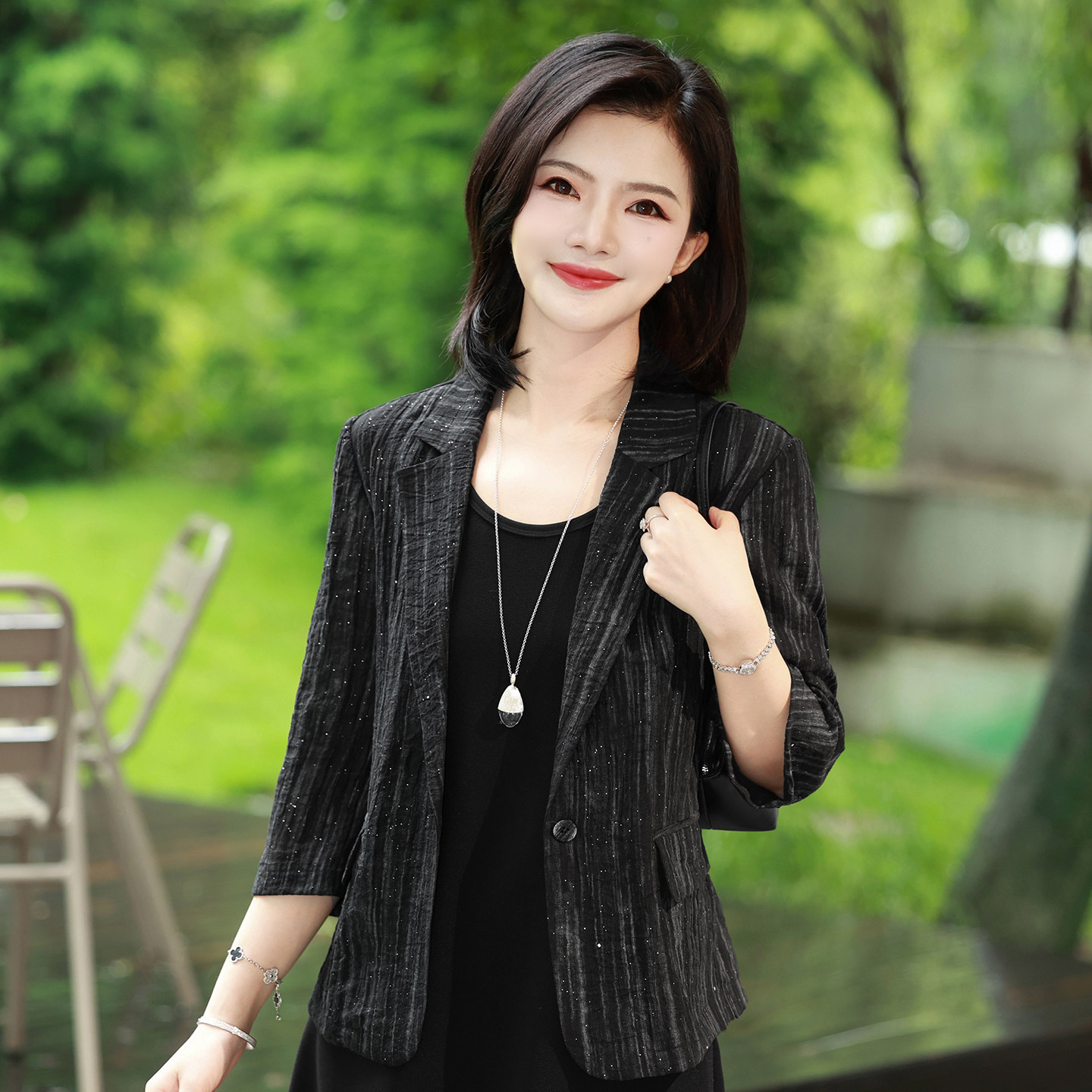 枫竺阿楠气质高级感细闪竖纹七分袖西服外套女2026夏简约通勤西装