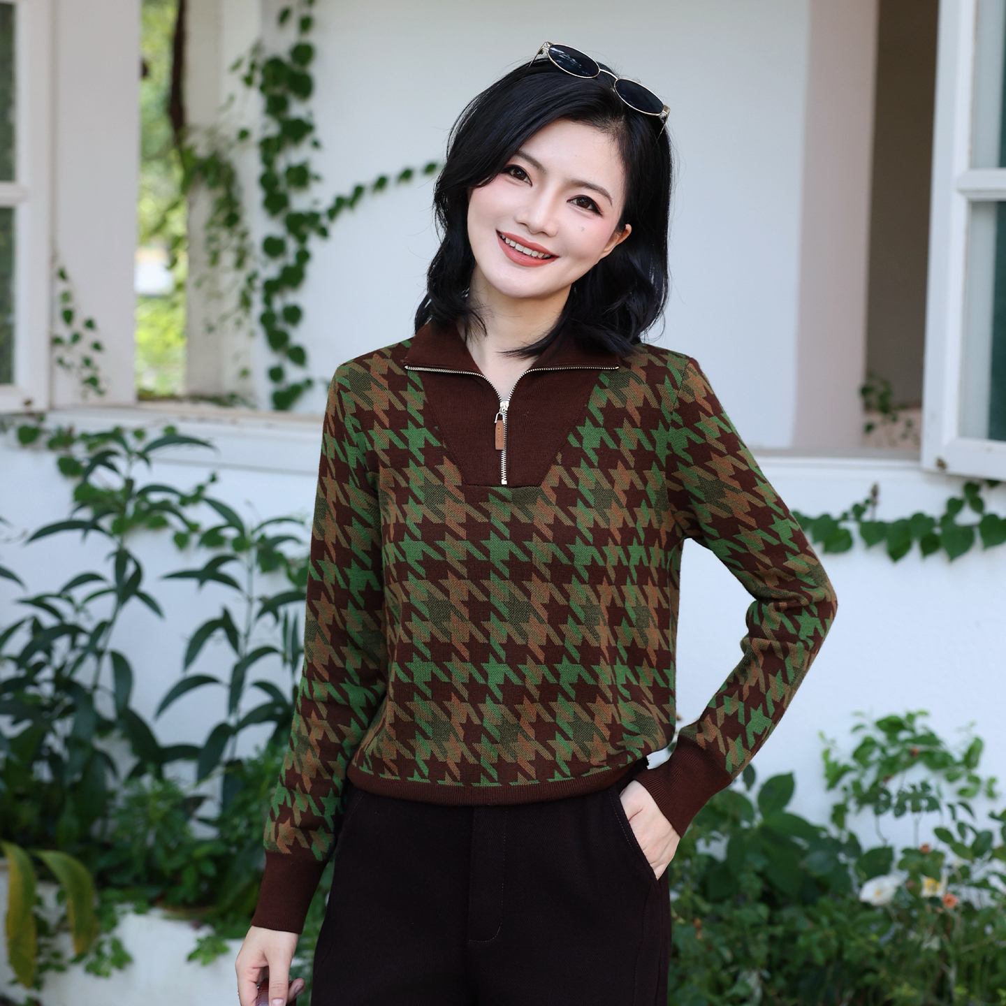 高智半拉链千鸟格提花羊毛针织衫