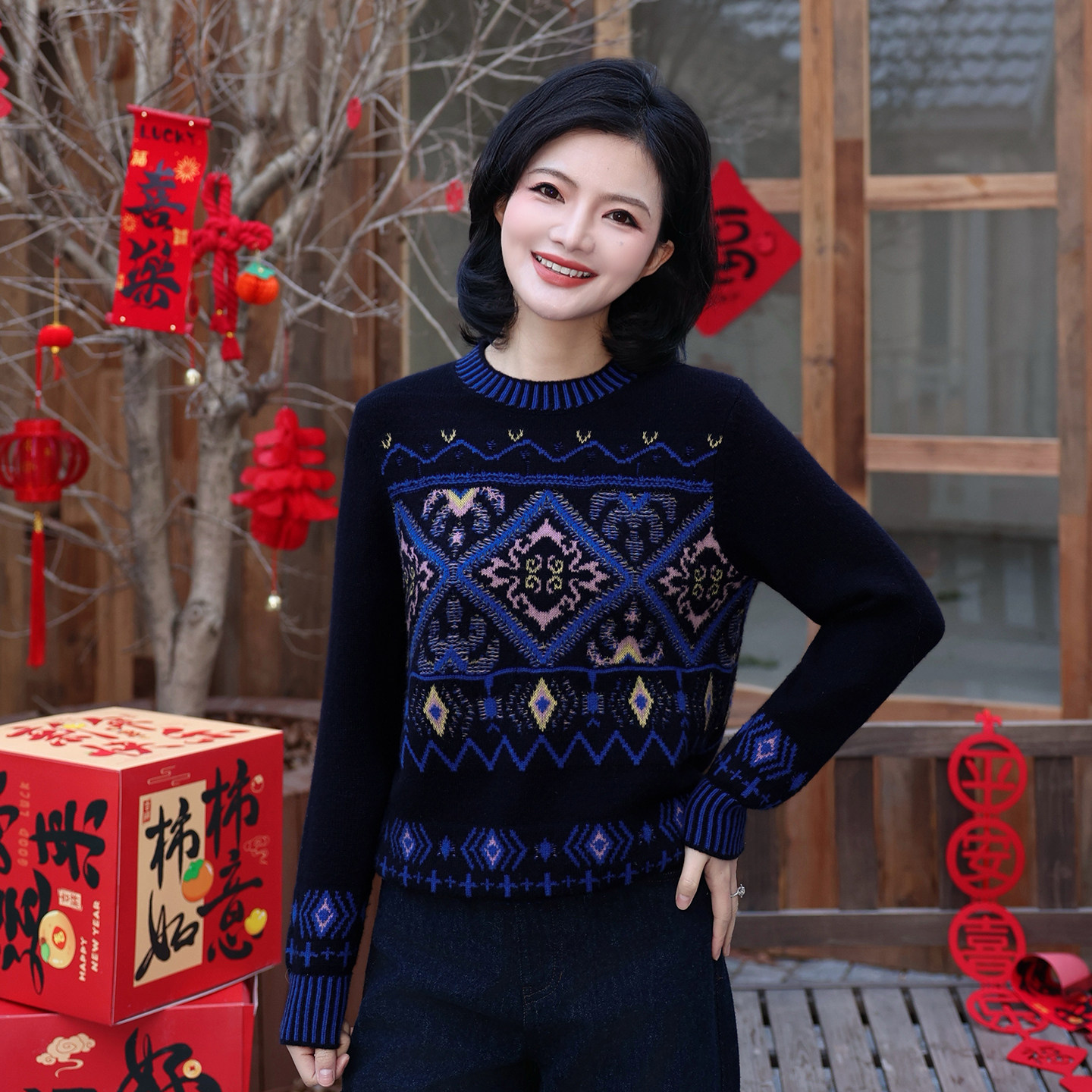 枫竺气质立领撞色提花费尔岛毛衣女2025冬季保暖全羊毛针织打底衫,女装/女士精品,毛衣,淘宝优惠券,粉丝福利购,淘宝优惠卷