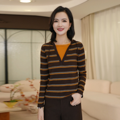 【假两件】枫竺阿楠绵羊毛撞色条纹假针织衫女秋新款时尚套头上衣