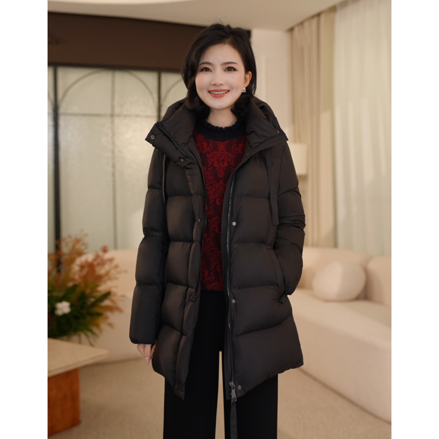 【90鹅绒】枫竺阿楠anan时尚连帽抽绳中长款长袖保暖防寒羽绒服女