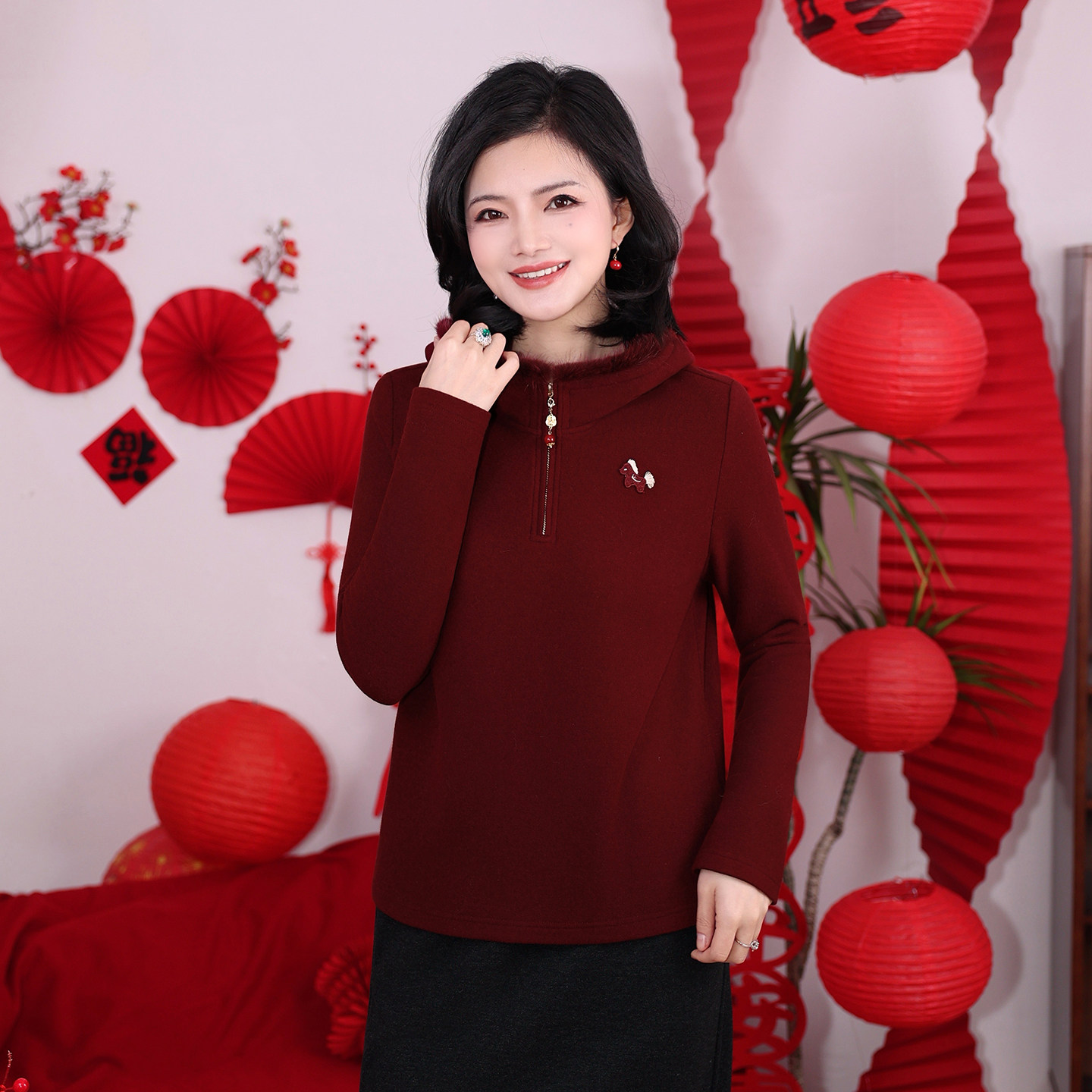 枫竺水貂毛半拉链连帽新年红色加厚卫衣女2025冬季保暖内搭打底衫