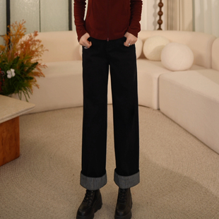 枫竺中高腰遮胯显瘦加绒加厚直筒牛仔裤女2025冬季百搭卷边条纹裤