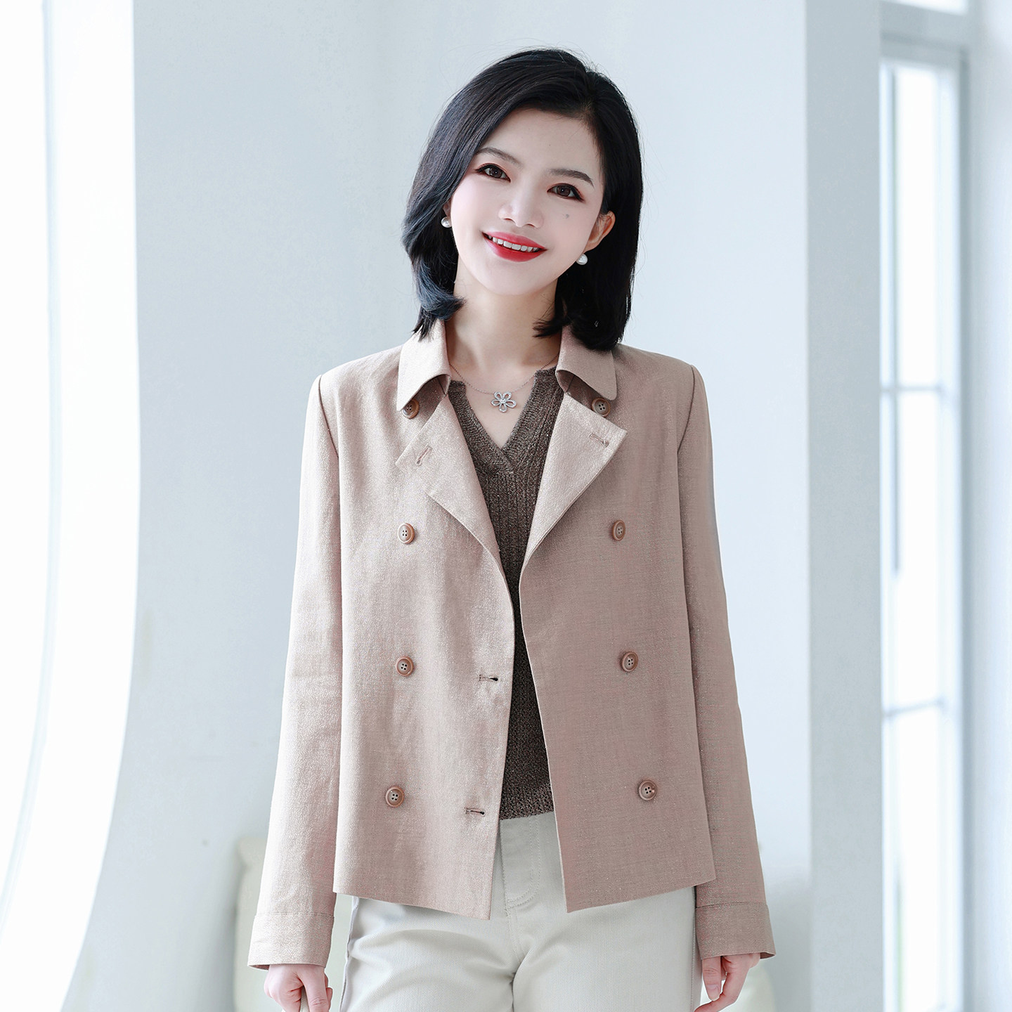 枫竺阿楠亚麻短款百搭风衣外套女