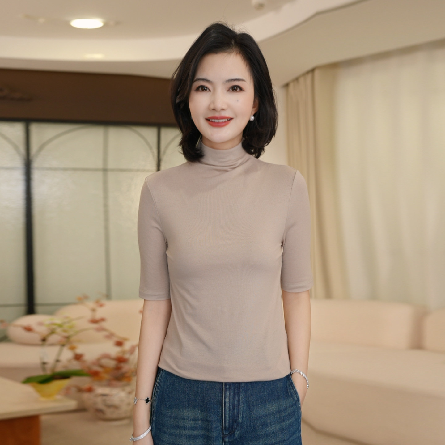 枫竺阿楠绵羊毛半高领纯色打底衫秋装新款休闲显瘦内搭五分袖上衣