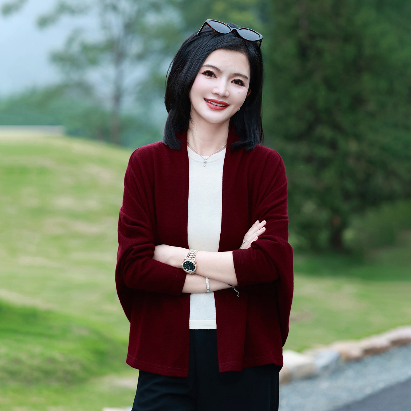 枫竺阿楠红色气质针织开衫披肩女