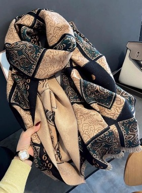 法国CINS KINS~一见钟情羊绒围巾女复古图腾长款披肩加厚围脖女