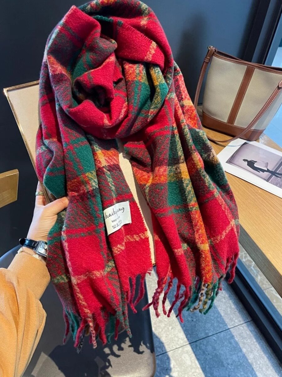 法国CINSKINS~花好月圆经典红绿大格子流苏围巾披肩冬保暖围脖女